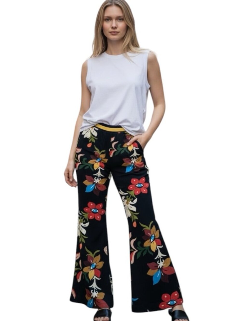 FARM Rio Floral Flare Pants Black Boho Festival Hippie Y2K Bell Bottom Eye Print